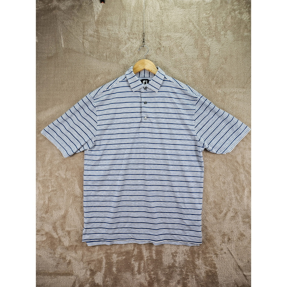 FootJoy Performance Golf Polo Shirt Blue White Striped Short Sleeve Size L